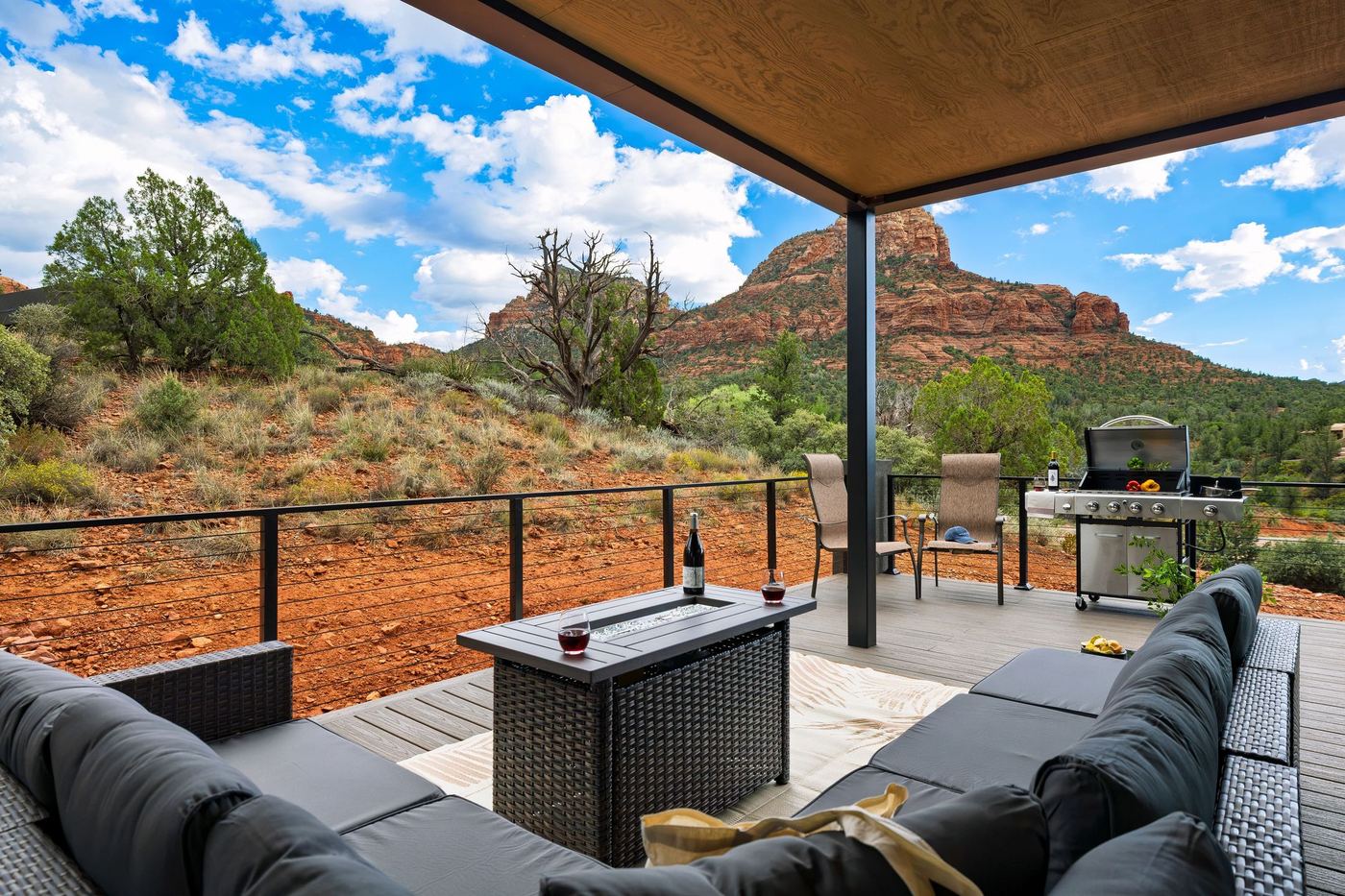 The covered deck looking out to Twin Buttes.