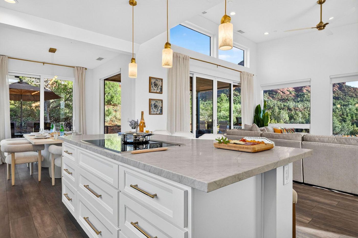 Kitchen island open to the dining and living areas.