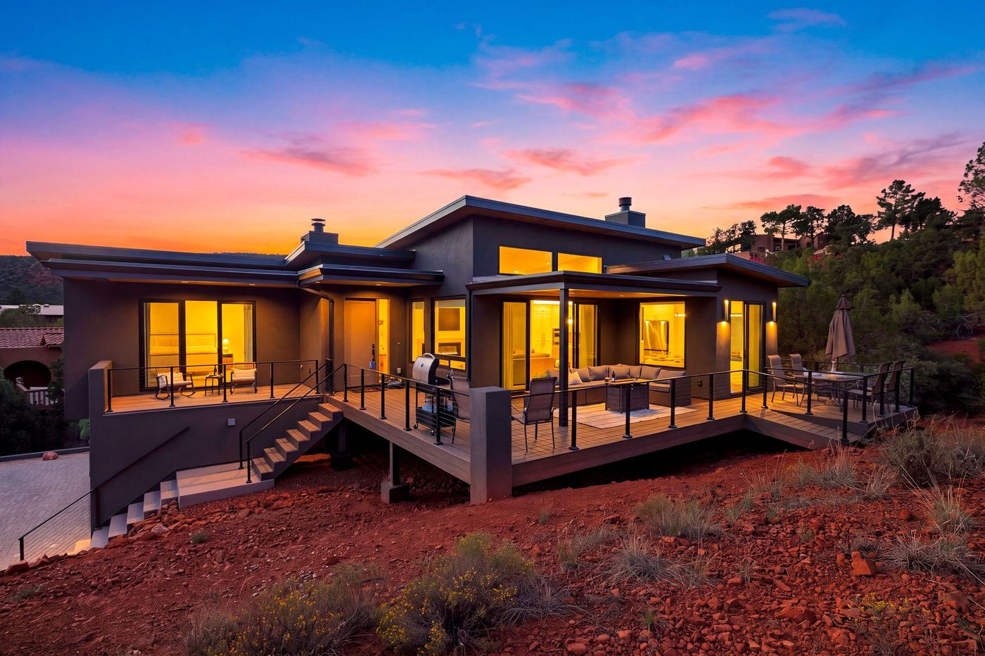 The house and its deck at sunset.